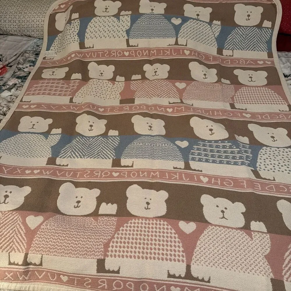 VTG 80s Pat Meyers Bear Alphabet Double Woven 100%Cotton Warm Baby Blanket 48x60